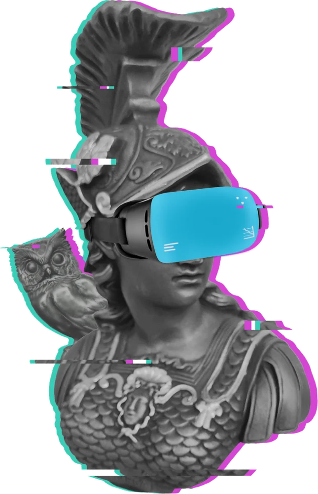 Segunda marca: busto de Palas Atena com elmo, coruja no ombro, óculos de realidade virtual e efeito glitch em ciano e magenta